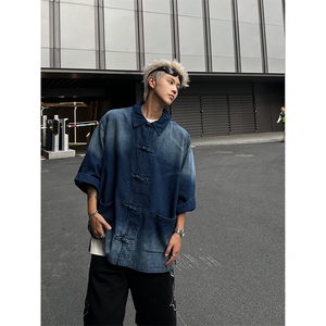 F344-P68 夏季新中式潮牛仔外套男复古宽松水洗做旧衬图片