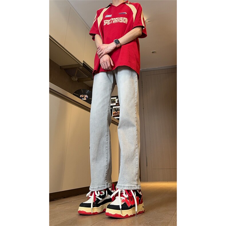 现货大码高品质微喇弹力烟灰水泥色直筒牛仔裤K5800-P55控78,男装牛仔裤,星座205