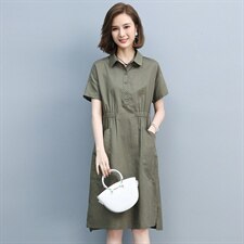 连衣裙2025夏季新款亚麻大码女装胖mm中年妈妈高端棉麻衬衫裙子,高端搭配女装店铺图片