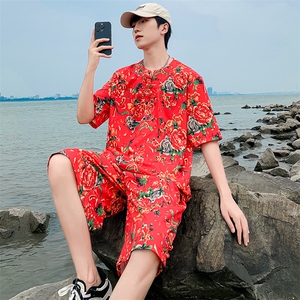 TZZ风盘扣T恤裤子大码团队服东北大花套装男女表演出新中式服图片