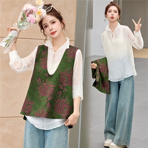 2026春装新款无袖马甲衬衫新中式两件套套装女，女装套装/套裙，天丝秀