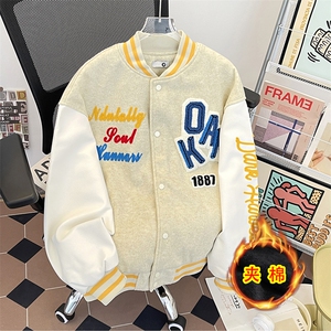 加绒加厚冬男女棒球立领棉衣条纹刺绣保暖毛呢棉袄面包服MY06 P78图片