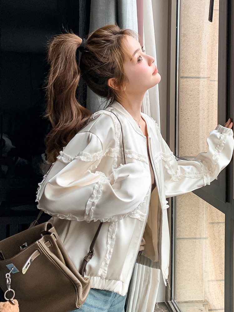 米色木耳边棒球服短款外套女2025春秋季新款韩版显瘦减龄夹克上衣,女装短外套,浙宝A馆126