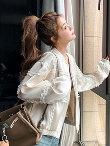 米色木耳边棒球服短款外套女2025春秋季新款韩版显瘦减龄夹克上衣图片