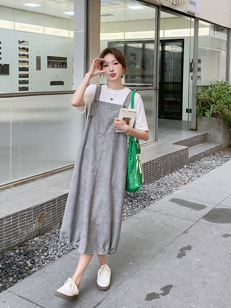 灰色工装背带裙套装女2025夏季新款韩系慵懒风宽松显瘦休闲连衣裙,女装连衣裙,浙宝276（原081）