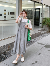 灰色工装背带裙套装女2025夏季新款韩系慵懒风宽松显瘦休闲连衣裙，女装连衣裙，浙宝276（原081）
