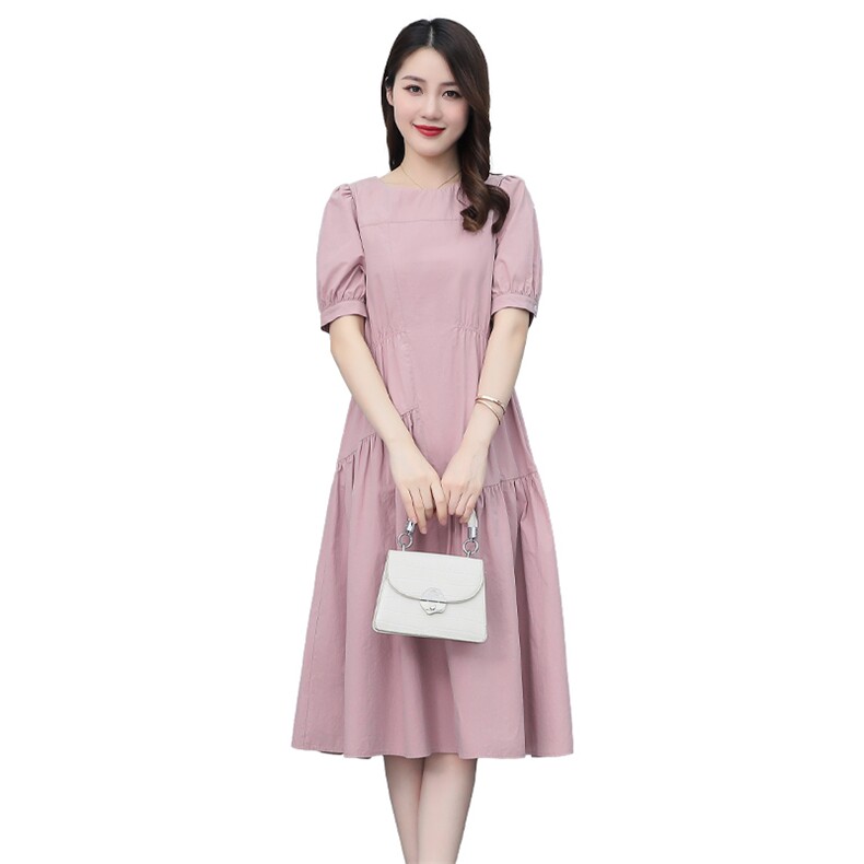 纯棉连衣裙女中长款2022夏季新款短袖遮肉显瘦时尚减龄小个子裙子,女装连衣裙,多彩