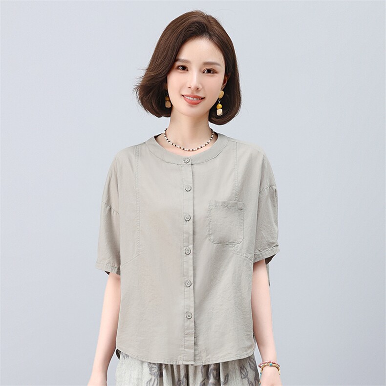 纯棉短袖衬衫女夏季2025年新款中年妈妈宽松休闲简约圆领衬衣上衣,女装衬衫,叶笙衣