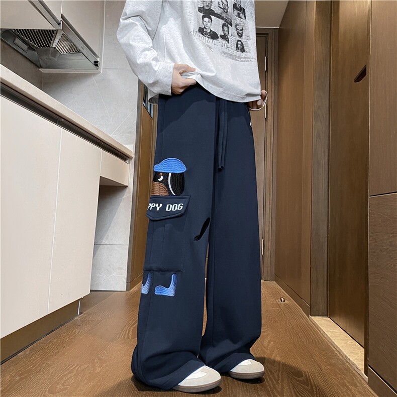 白花灰小狗刺绣卫裤男秋季美式复古大口袋工装裤子直筒宽松运动裤,男装休闲裤,电商B315