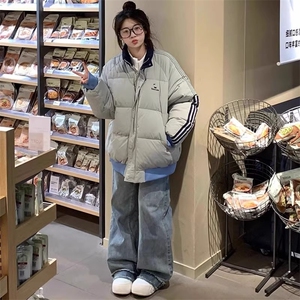 小个子棉服女2026新款冬季韩系宽松学生条纹外套情侣百搭棉衣加厚图片