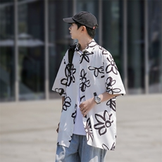 2025夏装花朵印花短袖冰丝衬衫男女潮流衬衣C309P35，男装T恤，电商C323
