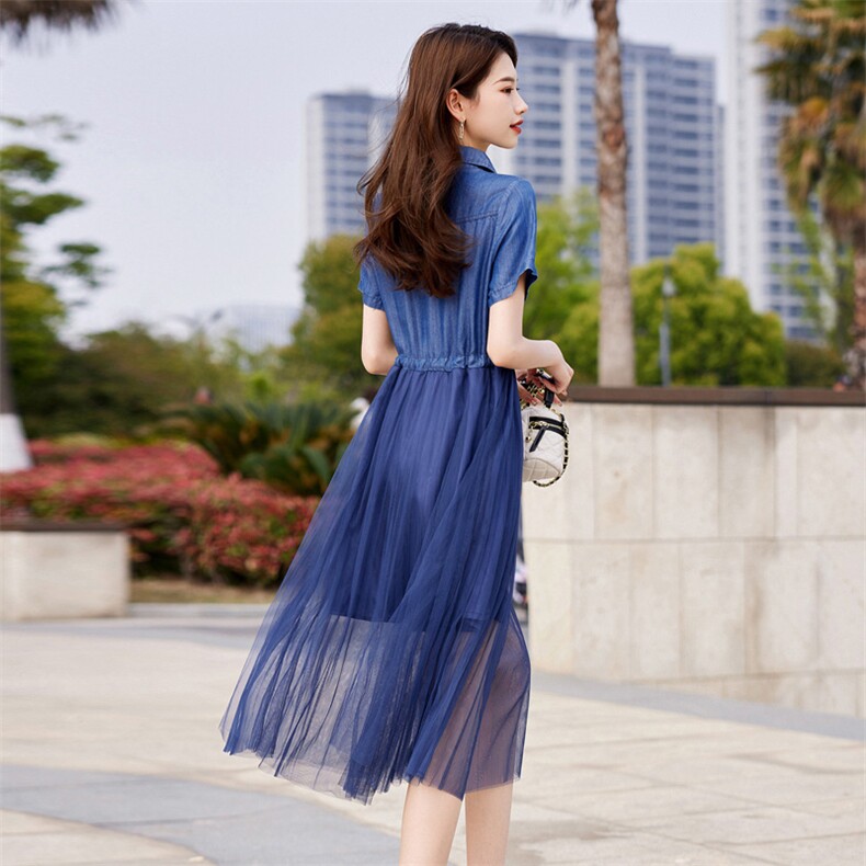2023新款夏装百褶牛仔拼接通勤显瘦减龄短袖长款连衣裙,女装连衣裙,安之芮娜