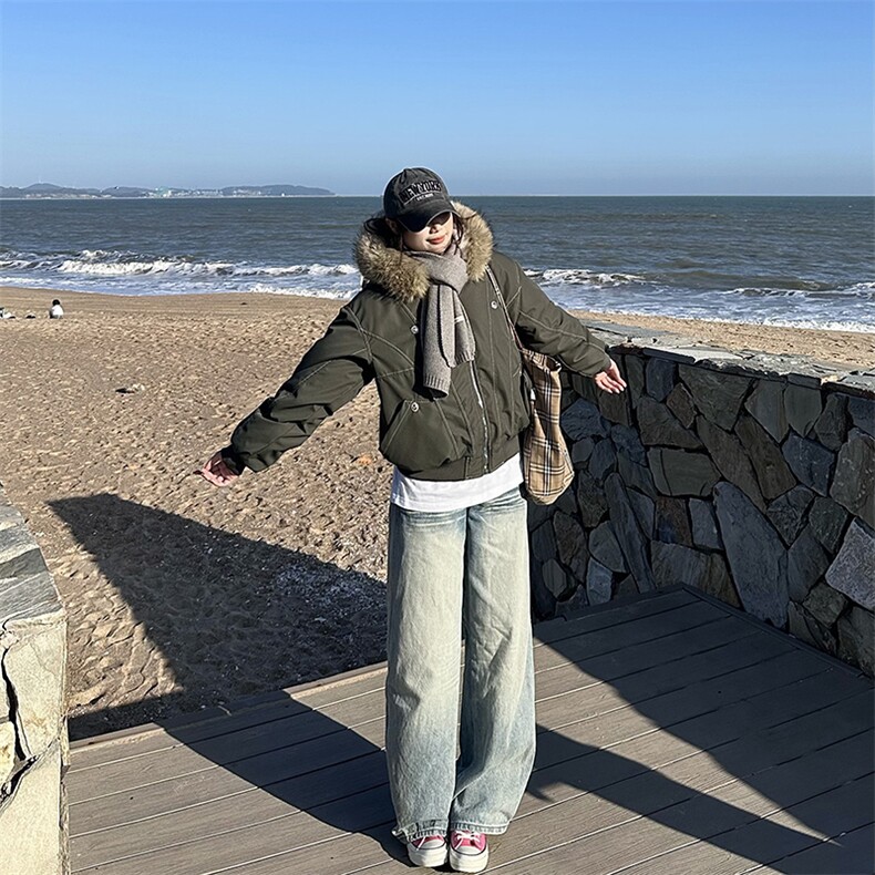 现货重磅boxy短款棉衣座山雕大毛毛领男女棉服水洗工装厚外套，男装棉衣，电商A486-1