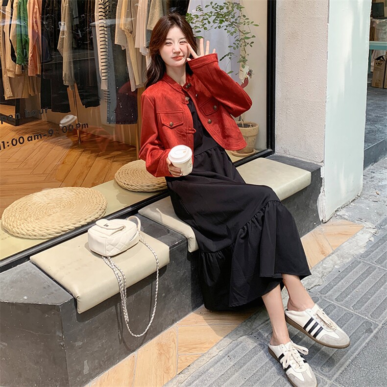 红色牛仔外套配连衣裙女2025早春新款漂亮独特减龄背心裙两件套装,女装套装/套裙,浪娴服饰