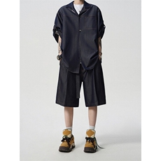 8XL-M夏季简约高级感冰丝牛仔古巴领男休闲痞帅宽松套装潮TZ109，男装休闲套装，电商D206-1