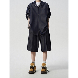 8XL-M 夏季简约高级感冰丝牛仔古巴领男休闲痞帅宽松套装潮TZ109图片