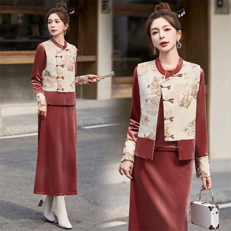 新中式马甲套装裙女装2026春秋新款时尚高级感刺绣唐装三件套，女装套装/套裙，关键词