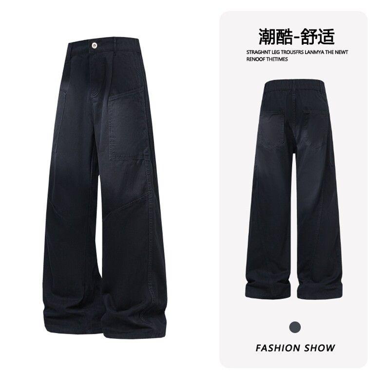 B221 美式ins高街斜切宽松直筒洗褪工装牛仔裤 LK25610-特P48控88图片