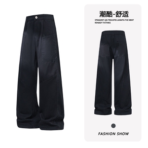 B221 美式ins高街斜切宽松直筒洗褪工装牛仔裤 LK25610-特P48控88图片