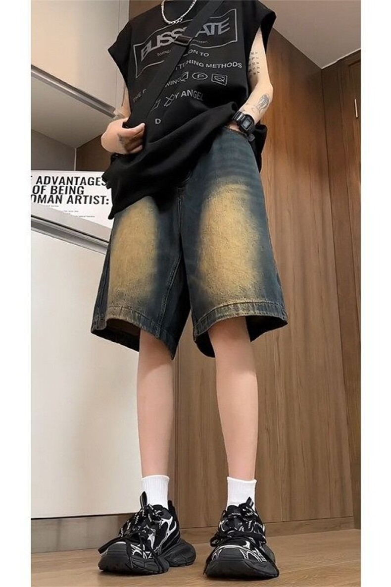 水洗做旧牛仔短美式复古中裤宽松显瘦直筒阔腿五六分裤24124P35,男装牛仔裤,电商D256-2(原A064-2)