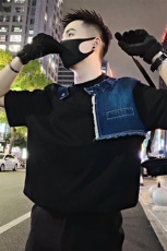 8812/特P68控98夏社会小伙设计感重工拼接洗水牛仔短袖T恤男黑首2，男装T恤，星座305B
