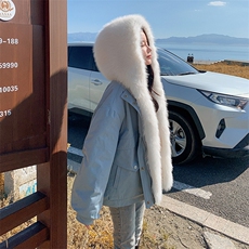 蓝色短款拼接连帽大毛领派克棉服女冬季加厚工装羽绒棉衣棉袄外套，女装派克服，2D078