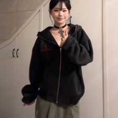 B158-P61大码双拉链连帽毛衣女秋冬胖mm显瘦针织开衫宽松抽绳，男装针织衫/毛衣，电商B323A