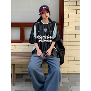 夏季拼接撞色字母印花短袖T恤男运动球衣机车骑行服上衣 T203图片