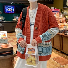 复古拼接菱格V领开衫毛衣宽松潮牌针织衫外套，男装针织衫/毛衣，星座410-7