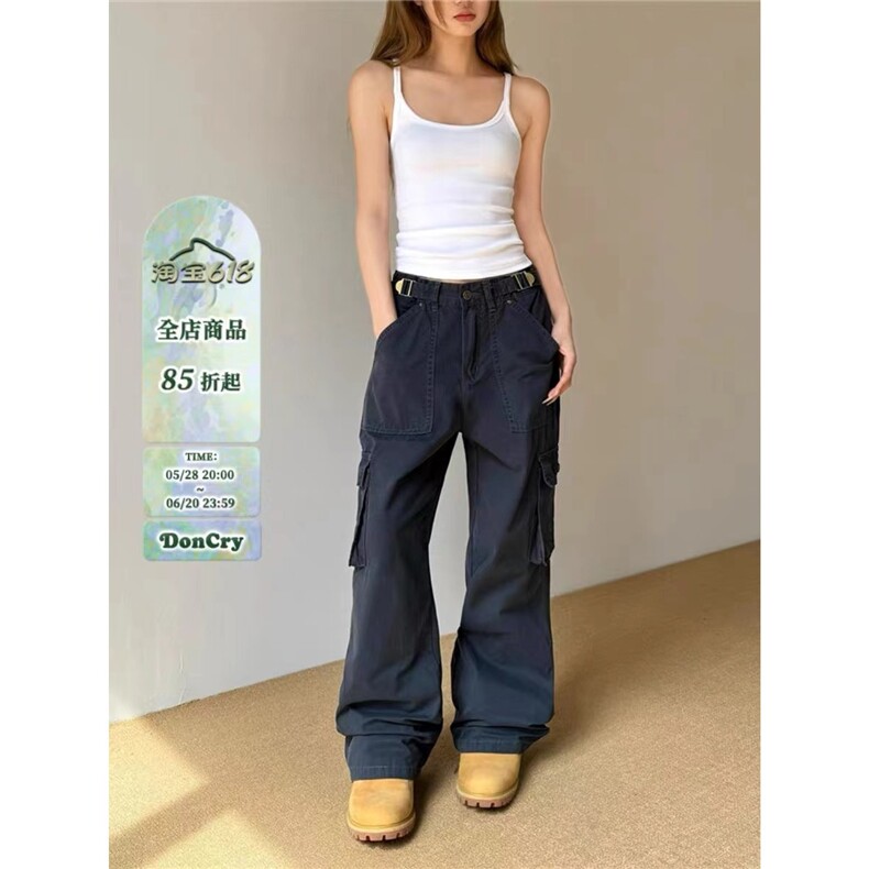 藏青色多口袋工装裤欧美hiphop炸街裤子小众设计感宽松直筒休闲裤,男装牛仔裤,星座506A