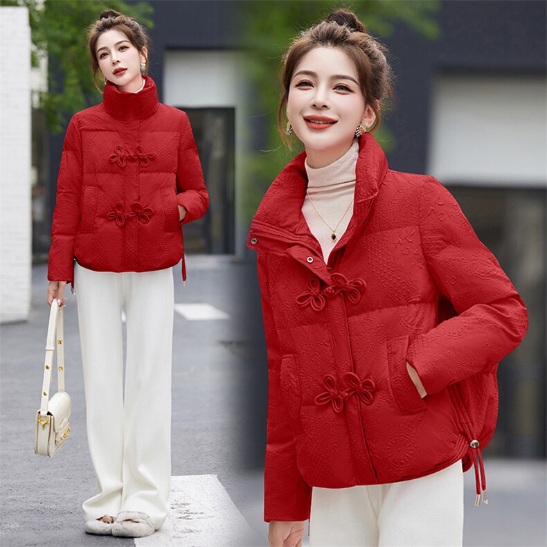 红色盘扣羽绒棉服女短款2025冬季新款小个子时尚气质小款棉袄外套,女装棉衣/棉服,尚娜萱