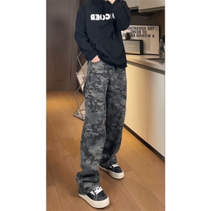 军训迷彩裤子男生显腿长美式hiphop卫裤户外运动休闲直筒弯刀裤女图片
