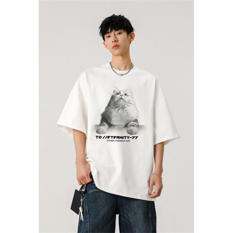 706-T5331-P28特P260克重磅现货夏季猫咪印花短袖T恤情侣潮,男装T恤,星座706