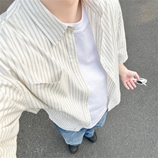 2025夏条纹休闲衬衫男宽松短袖衬衣韩版潮流翻领上衣925P45，男装衬衫，星座710