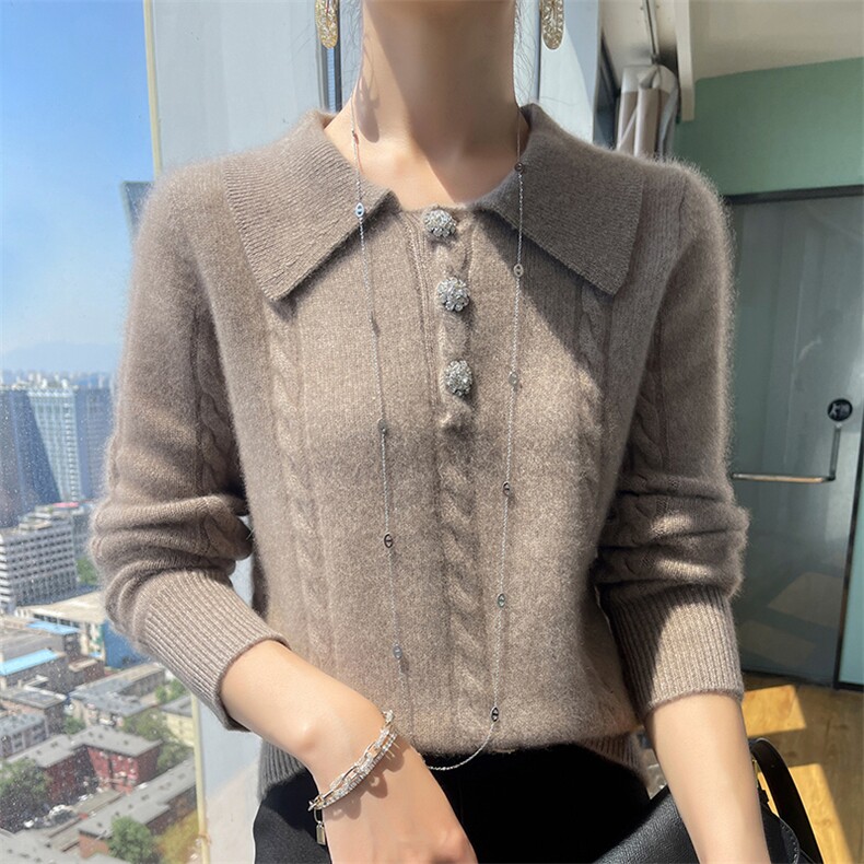 扭花娃娃领女2024秋冬装新款针织衫羊毛衫,女装羊毛衫,百越羊绒