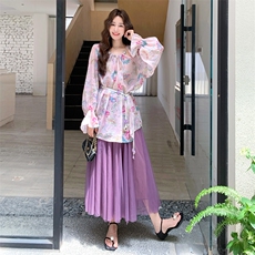 独特漂亮紫色碎花上衣套装裙女2025秋季新款复古网纱半身裙两件套，女装套装/套裙，2C158