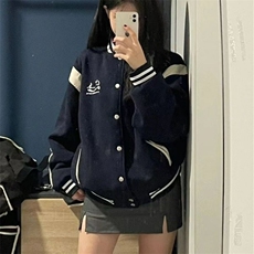 复古高级感学院风棒球服外套潮牌宽松藏蓝色休闲夹克棒球服WT6688，男装夹克，星座601-1