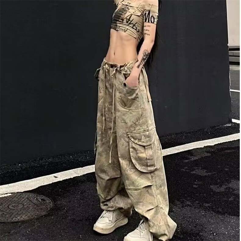 新款美式复古浅色系迷彩多口袋工装松紧长裤女宽松显瘦阔腿流行,男装工装外套,星座218-1（原230）