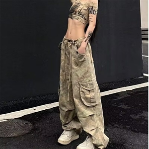 新款美式复古浅色系迷彩多口袋工装松紧长裤女宽松显瘦阔腿流行图片