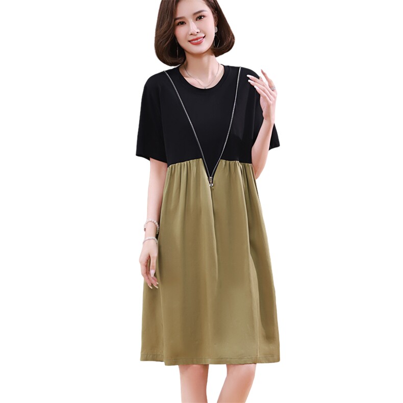 时尚显瘦拼接连衣裙夏季新款宽松大码女装气质百搭长裙,女装连衣裙,梦芯尔