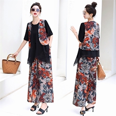 大码显瘦阔腿裤套装女夏2025新款爆款洋气遮肉减龄雪纺马甲三件套，女装套装/套裙，衣之秀