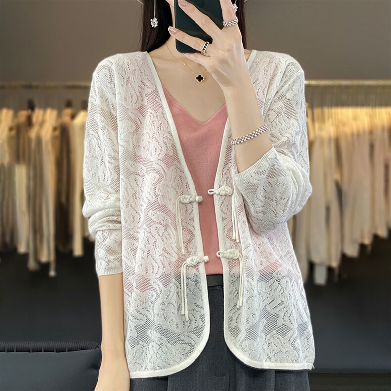 冰丝镂空V领针织开衫女新中式盘扣立体花朵夏季薄款空调衫防晒衫，女装针织衫/毛衣，暖烁羊绒