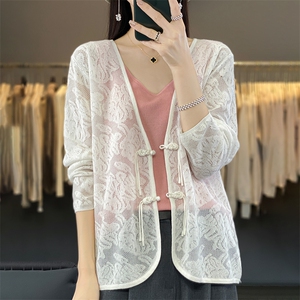 冰丝镂空V领针织开衫女新中式盘扣立体花朵夏季薄款空调衫防晒衫,女装针织衫/毛衣,暖烁羊绒