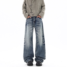 01深海蓝宽松直筒牛仔裤猫须蜂窝通勤长裤男XZ211-1-K2609-P55，男装牛仔裤，星座211-1