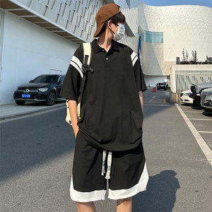 主推大码港风情侣冰丝防晒polo短袖T恤五分裤休闲套装S17P65图片