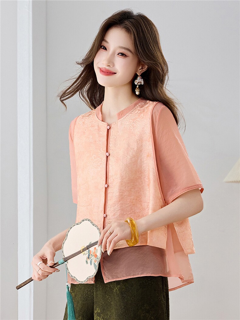 长期现货2026年夏季新款中式假两件复古短袖小衬衫马甲上衣T恤女,女装衬衫,璐依舞