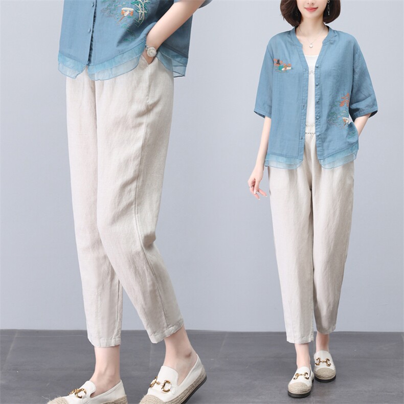 棉麻女夏季2024新款年轻妈妈休闲大码洋气减龄苎麻衬衫，女装休闲裤，璐依舞