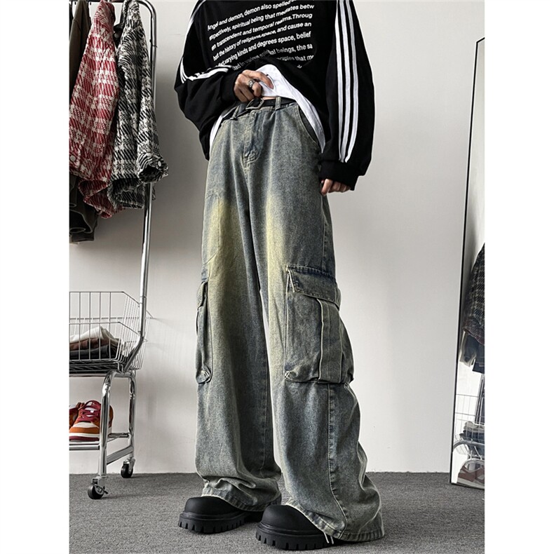 美式水洗做旧工装牛仔裤男秋冬潮牌ins宽松直筒阔腿裤 K7604-P52图片