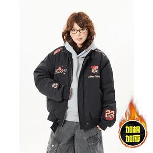 现货高品质美式高街重磅刺绣座山雕大毛毛领棉衣男女加厚棉服外套图片