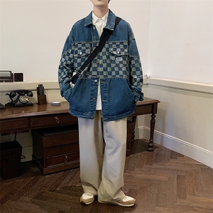 2023春季棋盘格拼接牛仔夹克男士高街痞帅百搭反光外套JK834-P70图片